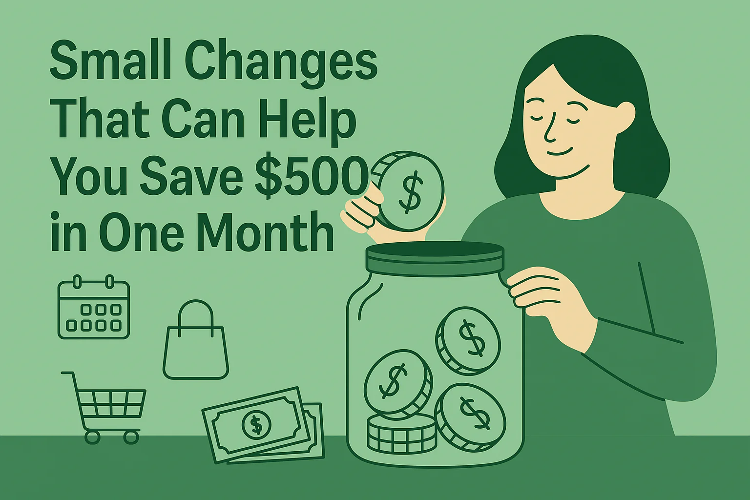 A smiling person putting coins into a large glass jar labeled 'SAVINGS', with colorful charts and a 'No Stress' sign in the background.